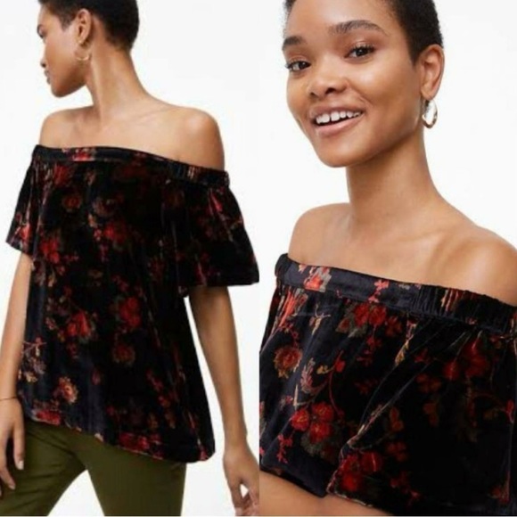 Ann Taylor Loft Black Velvet Floral Off Shoulder Top Blouse Flutter Petite Large - Picture 1 of 7